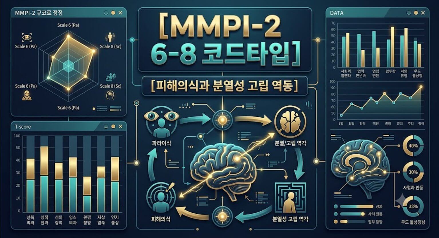 MMPI-2 6-8 코드타입 프로파일의 피해의식적 고립 구조와 분열성 역동을 시각화한 한글 타이틀 포함 테크니컬 인포그래픽 일러스트