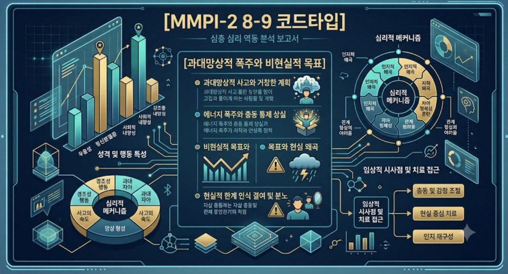 MMPI-2 8-9 코드타입 프로파일의 과대망상적 폭주 구조와 비현실적 목표 설정 역동을 시각화한 한글 타이틀 포함 테크니컬 인포그래픽 일러스트