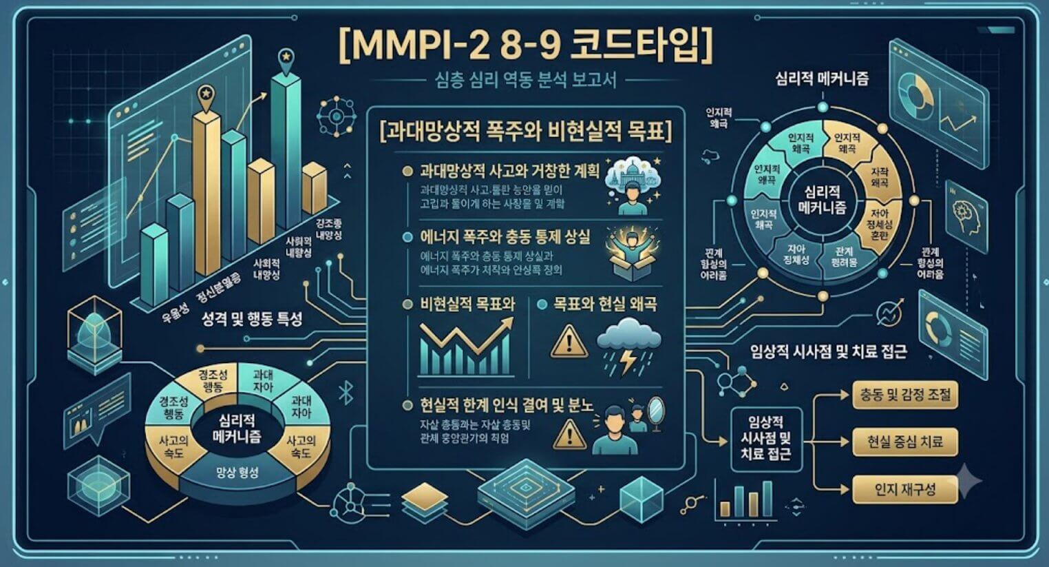 MMPI-2 8-9 코드타입 프로파일의 과대망상적 폭주 구조와 비현실적 목표 설정 역동을 시각화한 한글 타이틀 포함 테크니컬 인포그래픽 일러스트