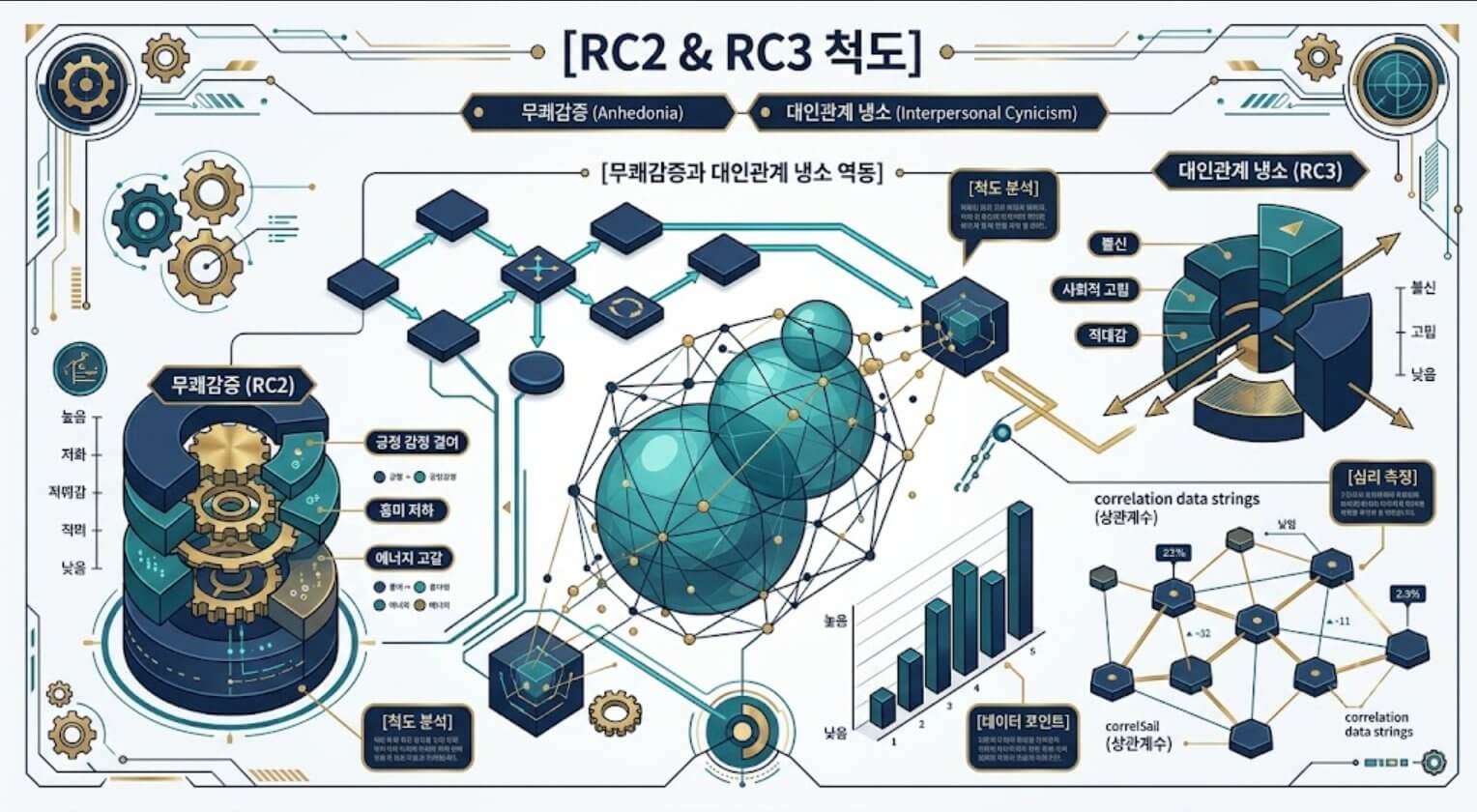 MMPI-2 RC2 및 RC3 척도의 무쾌감증과 냉소적 태도 감별 구조를 시각화한 한글 타이틀 포함 테크니컬 인포그래픽 일러스트