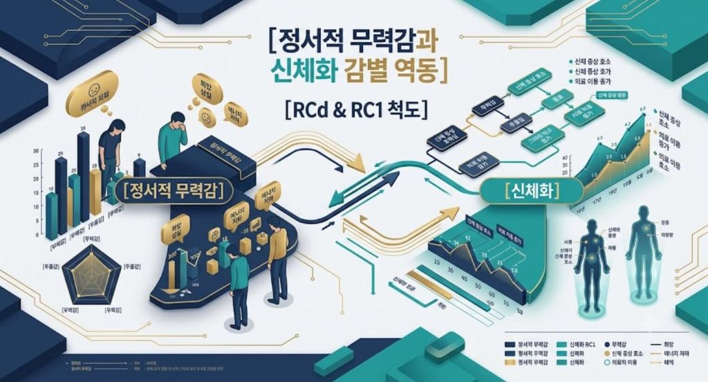 MMPI-2 RCd 및 RC1 척도의 정서적 무력감과 신체형 증상 감별 구조를 시각화한 한글 타이틀 포함 테크니컬 인포그래픽 일러스트