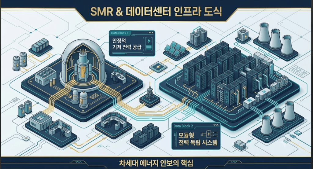 SMR의 모듈형 구조와 AI 데이터센터 전력 공급 메커니즘을 한글 타이틀과 함께 시각화한 구조적 인포그래픽 도식