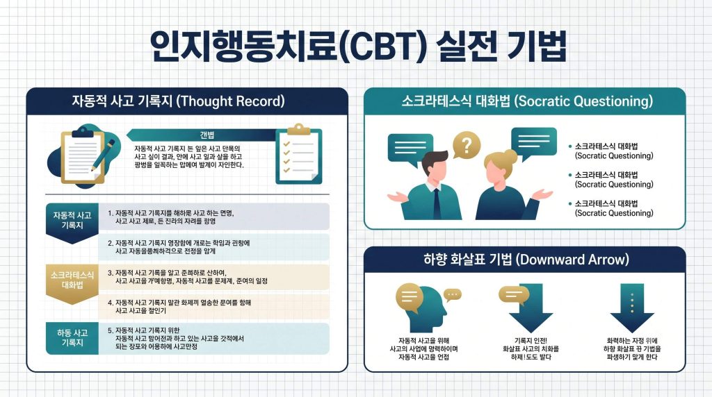 인지행동치료(CBT)의 3대 개입 기법과 자동적 사고 교정 프로세스를 체계적으로 도식화한 Google NanoBanana 2 인포그래픽