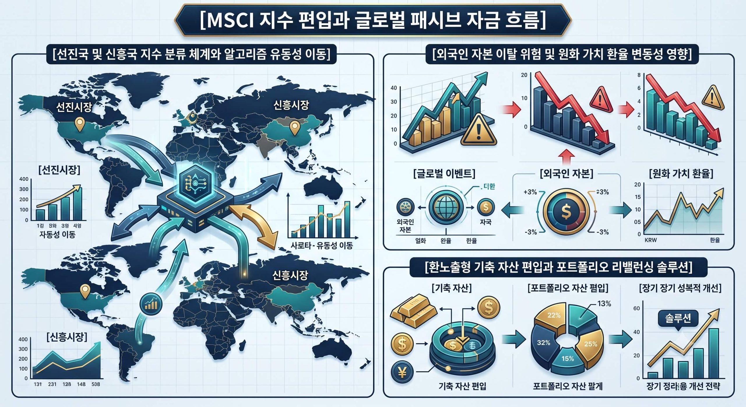 통화스왑 거래의 자금 공급 경로와 외환 시장 규제 단계 및 개인의 포트폴리오 분산 솔루션을 한글 타이틀로 명시한 통합 요약 인포그래픽 구조도