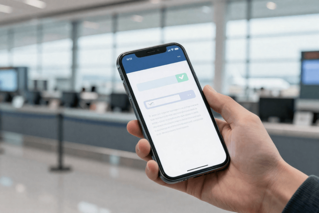 공항 체크인 카운터에서 실물 여권과 모바일 영문 증명서 화면을 제시하며 서류 통과가 완료되었음을 보여주는 여행자 손의 클로즈업 실사 사진.