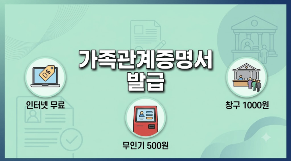 연민트색 배경 중심에 굵은 고딕체로 "가족관계증명서 발급"이라는 한글 문구가 명확하게 인쇄되어 있고, 주변에 인터넷 무료, 무인기 500원, 창구 1000원 아이콘이 직관적으로 배치된 고가독성 인포그래픽형 블로그 대표 썸네일 이미지.