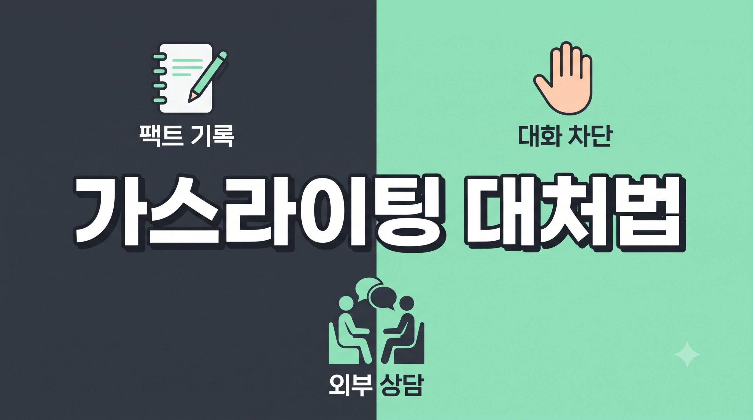차콜과 민트 그린 배경 중앙에 굵은 고딕체로 "가스라이팅 대처법"이라는 한글 문구가 명확하게 강조되어 있고, 주변에 팩트 기록, 대화 차단, 외부 상담 아이콘이 체계적으로 배치된 인포그래픽형 블로그 대표 썸네일 이미지