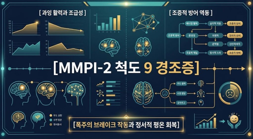 MMPI-2 척도 9 경조증 지표의 심리적 과열 구조와 조증적 방어 역동을 시각화한 한글 타이틀 포함 테크니컬 인포그래픽 일러스트