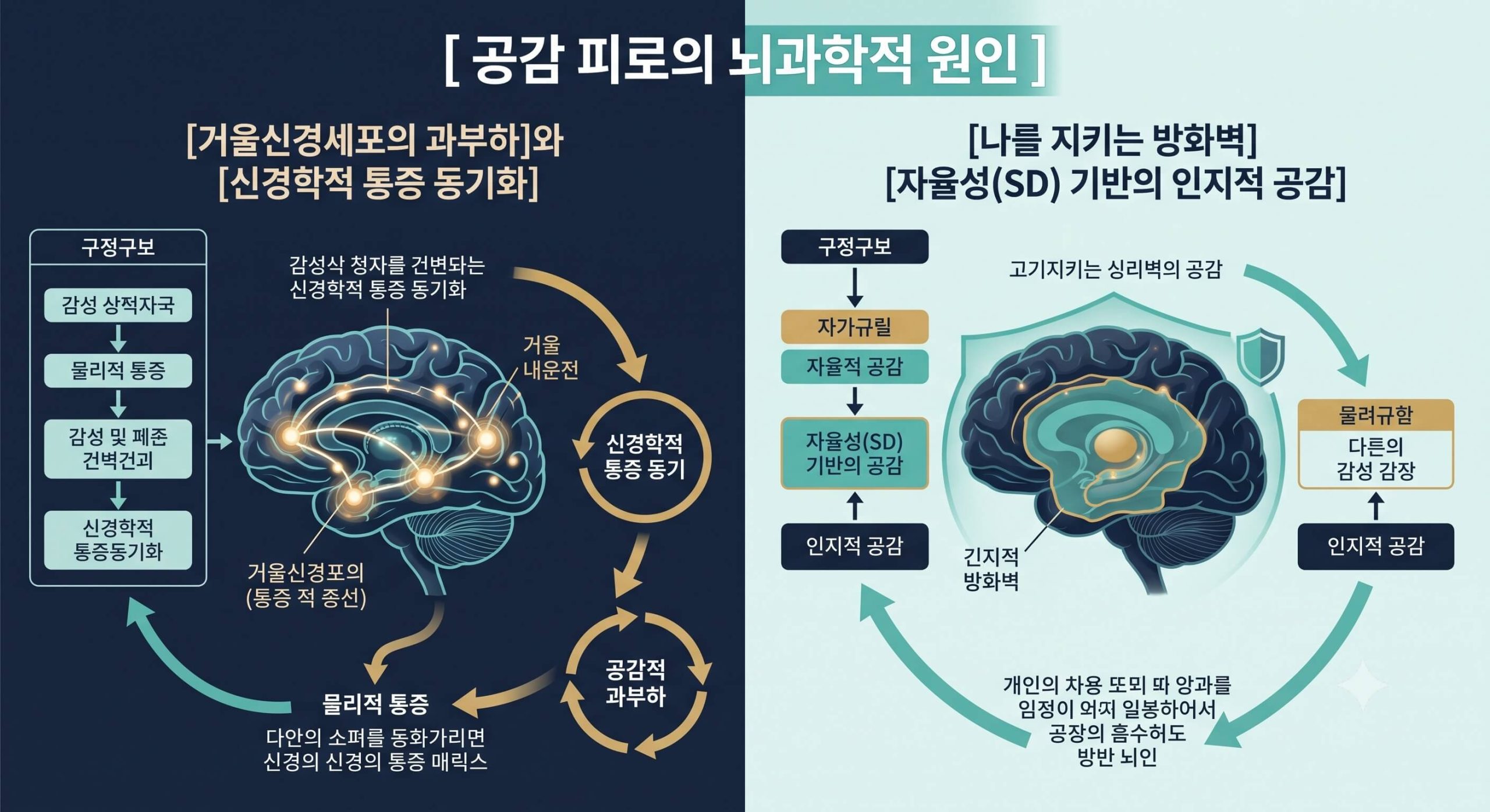 과도한 공감 능력이 부르는 공감 피로 현상을 설명하기 위해 거울신경세포의 과부하 메커니즘과 자율성 기반의 인지적 방화벽 솔루션을 요약한 국문 타이틀 포함 3D 테크니컬 인포그래픽 이미지