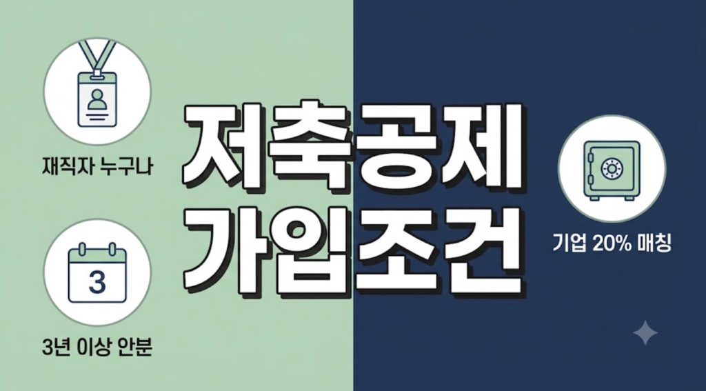 중소기업 세련된 연록색과 남색 분할 배경 위에 굵은 고딕체로 "저축공제 가입조건"이라는 한글 타이틀이 명확히 박혀 있고, 재직자 누구나, 기업 20% 매칭, 3년 이상 안분 3대 정보가 정갈한 서브 아이콘으로 구조화된 블로그 대표 썸네일 이미지.