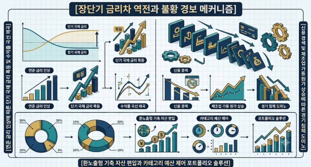 장단기 금리차 역전 경로와 실물 경제 침체 유발 단계 및 개인의 포트폴리오 분산 솔루션을 한글 타이틀로 명시한  통합 요약 인포그래픽 구조도
