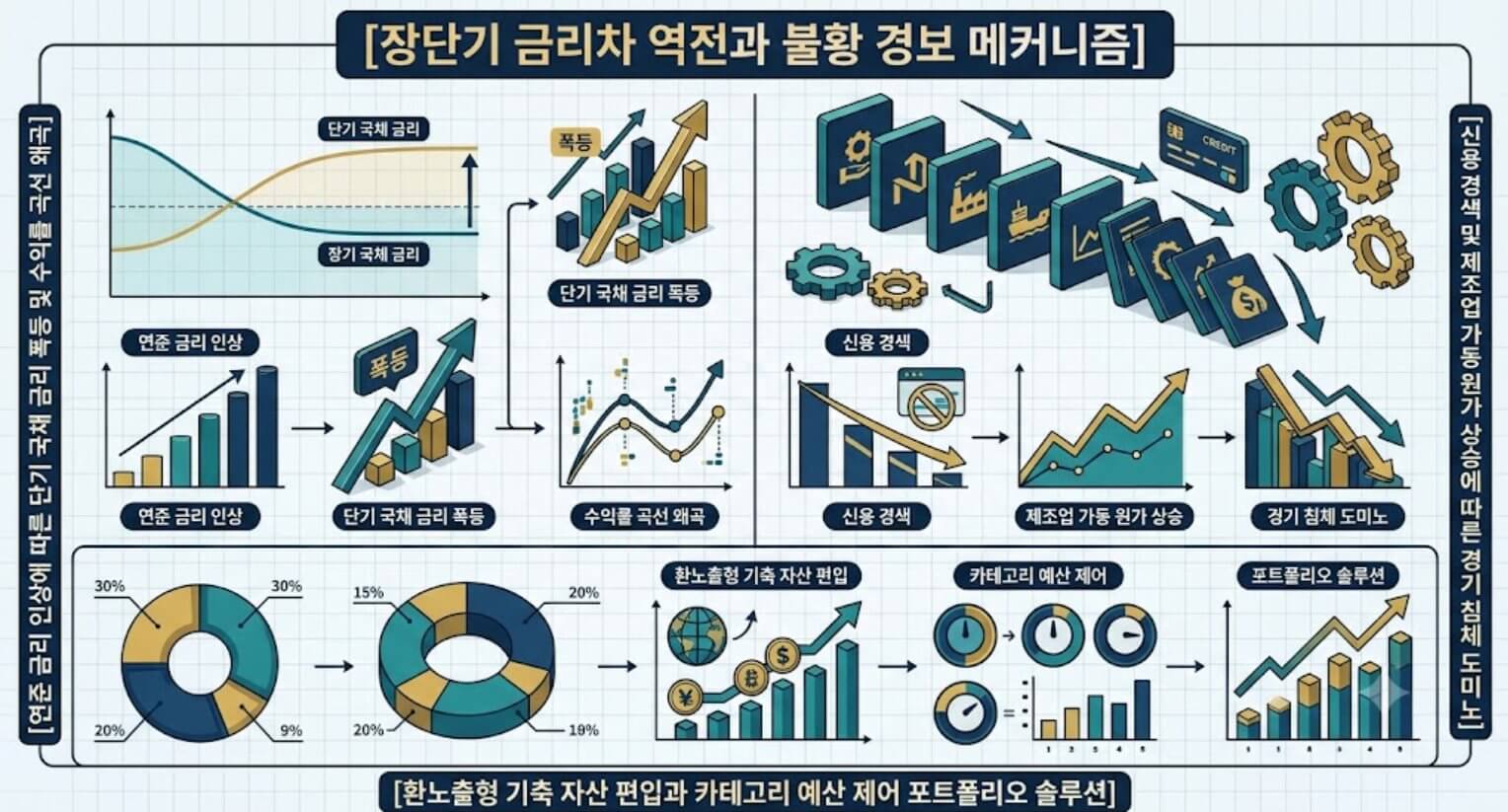 장단기 금리차 역전 경로와 실물 경제 침체 유발 단계 및 개인의 포트폴리오 분산 솔루션을 한글 타이틀로 명시한 통합 요약 인포그래픽 구조도