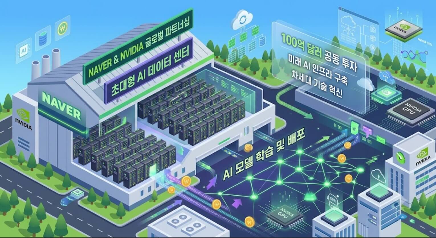 네이버 엔비디아 투자 유치 및 데이터센터 인프라 확장을 나타내는 3D 디지털 인포그래픽