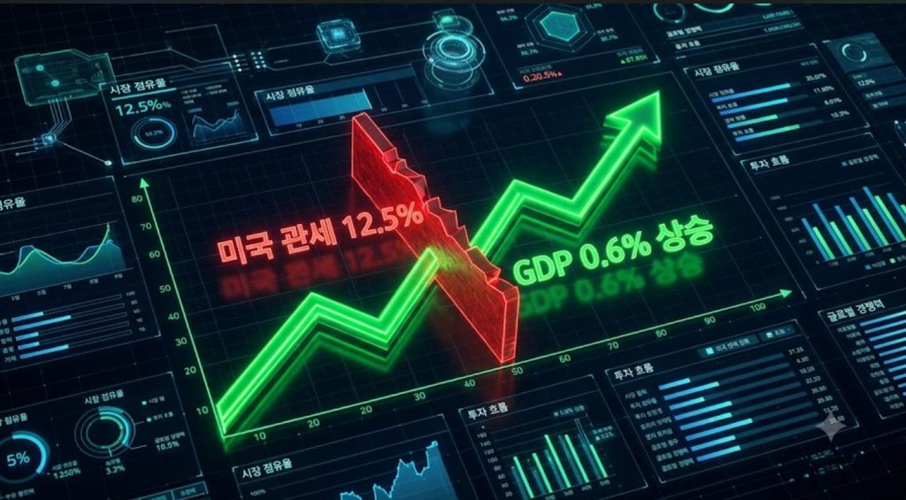 분기 GDP 0.6% 성장 지표와 미 무역법 301조 12.5% 관세 인상 폭을 시각화한 3D 비즈니스 인포그래픽