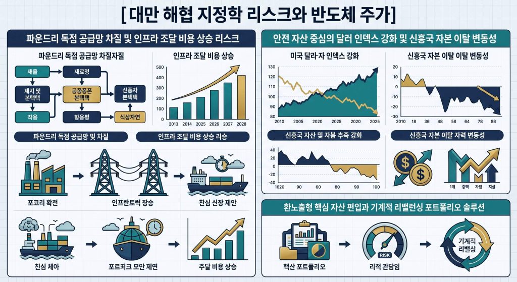 지정학적 위험 무역 구조와 공급망 규제 경로 및 개인의 자산 분산 솔루션을 한글 타이틀로 명시한  통합 요약 인포그래픽 구조도