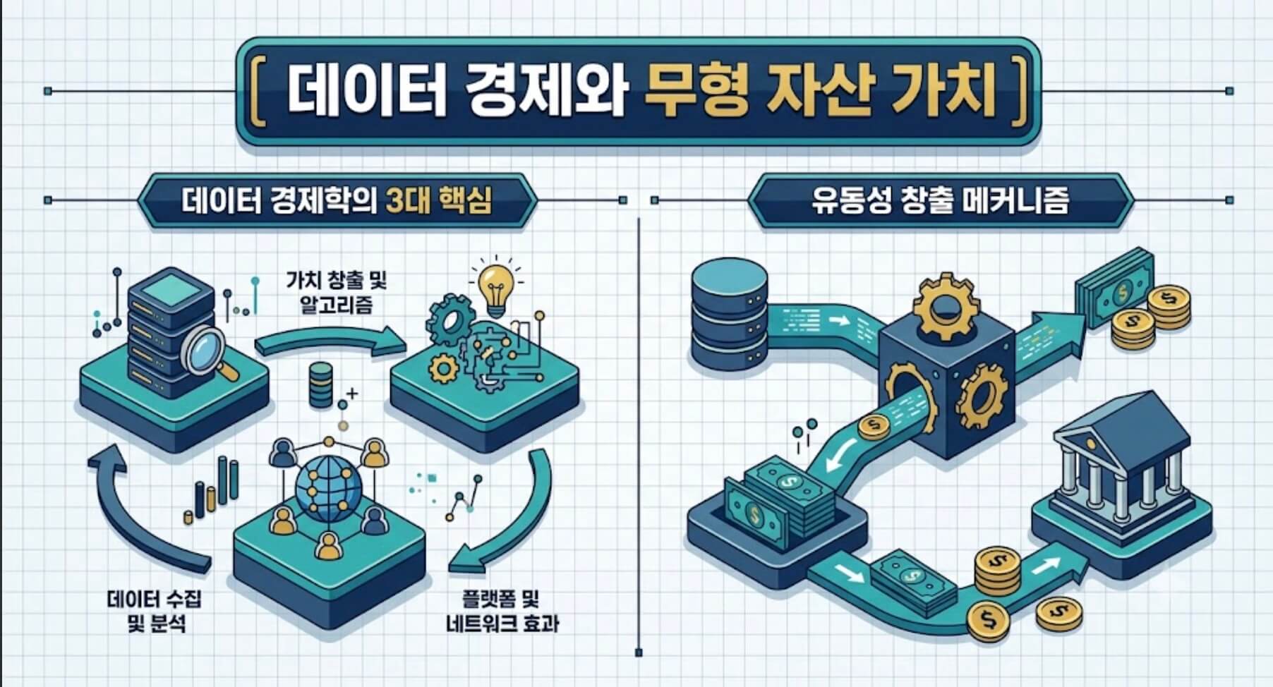 데이터 자산화 과정과 가치 평가 경로 및 개인의 포트폴리오 분산 솔루션을 한글 타이틀로 명시한 인포그래픽 구조도