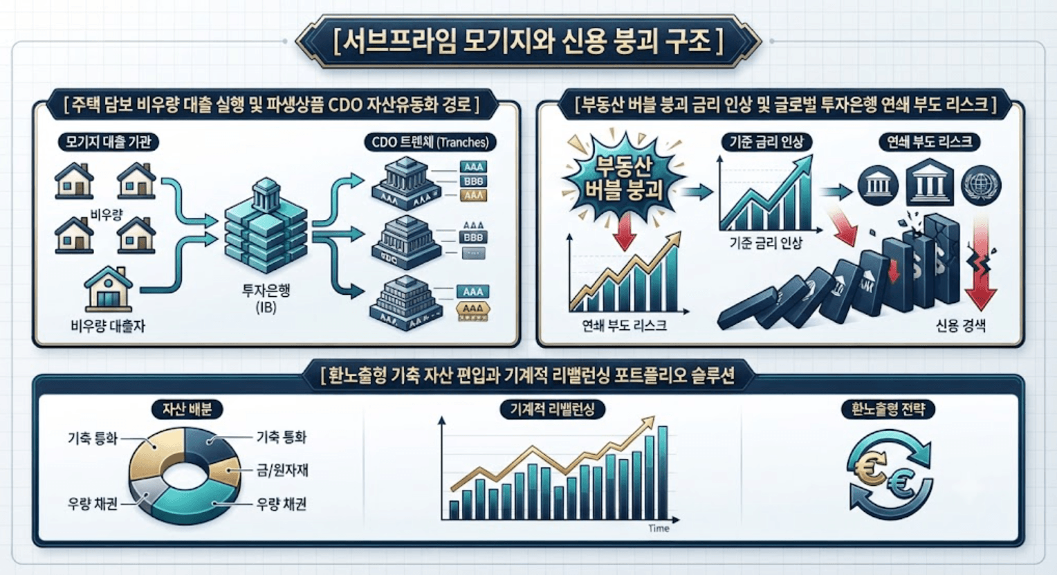 모기지 신용 붕괴 사태 전파 경로와 실물 경제 침체 유발 단계 및 개인의 포트폴리오 분산 솔루션을 한글 타이틀로 명시한 통합 요약 인포그래픽 구조도