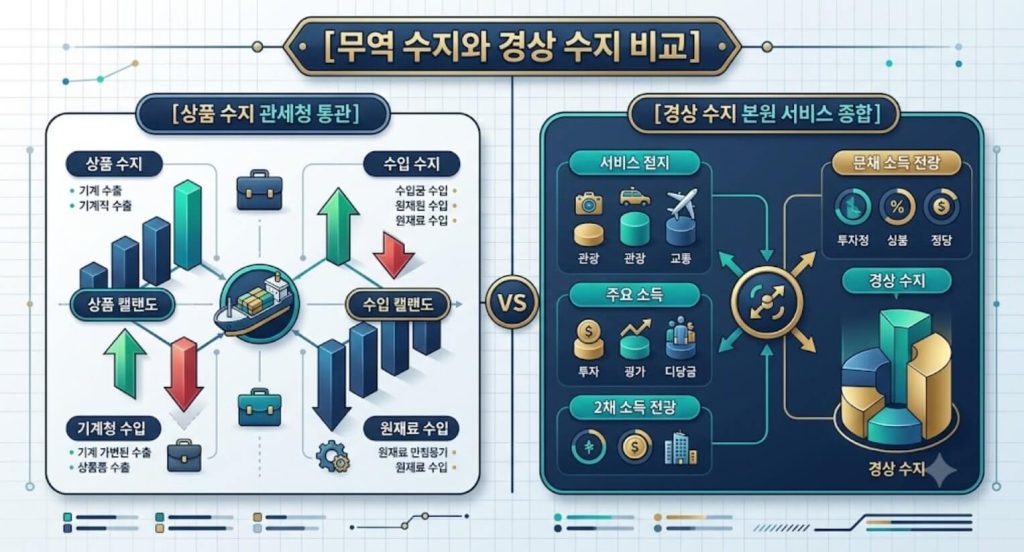 무역 수지와 경상 수지의 구성 요소와 대외 외화 유입 경로를 한글 타이틀로 명시한 인포그래픽 구조도