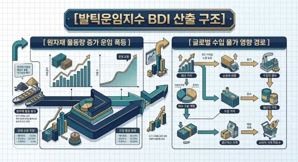 BDI 지수 산출 구조와 원자재 수급에 따른 글로벌 수입 물가 영향도를 한글 타이틀로 명시한 인포그래픽 구조도