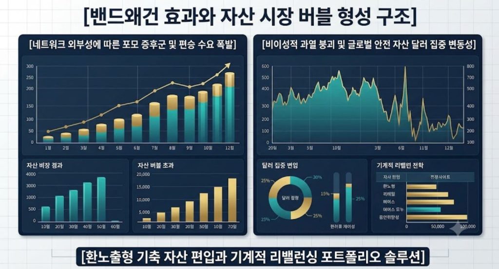 밴드웨건 유행 편승 수요의 발생 경로와 자산 거품 붕괴 단계 및 개인의 포트폴리오 분산 솔루션을 한글 타이틀로 명시한 인포그래픽 구조도