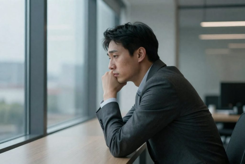현대식 사무실 창가에서 깊은 생각에 잠겨 휴식을 취하는 직장인의 모습