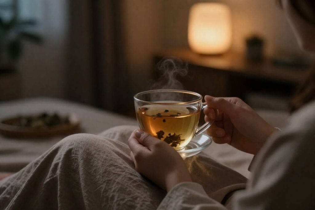 은은한 조명 아래 아늑한 방에서 따뜻한 차를 마시며 쉬는 모습