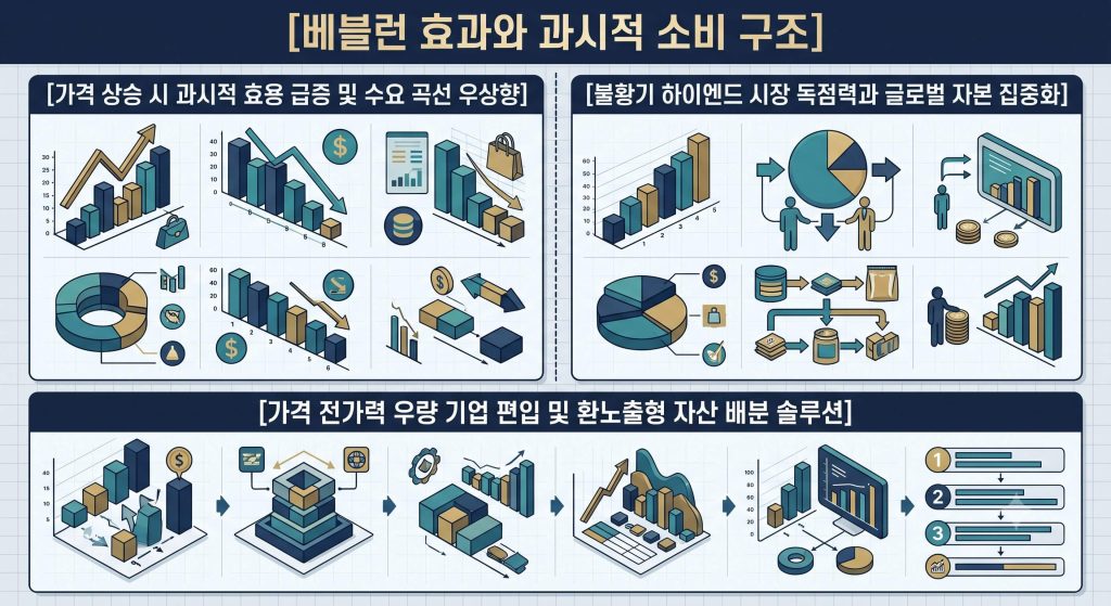 명품 가격 상승 경로와 실물 경제 파급 효과 (베블런 효과) 개인의 자산 분산 솔루션을 한글 타이틀로 명시한통합 요약 인포그래픽 구조도