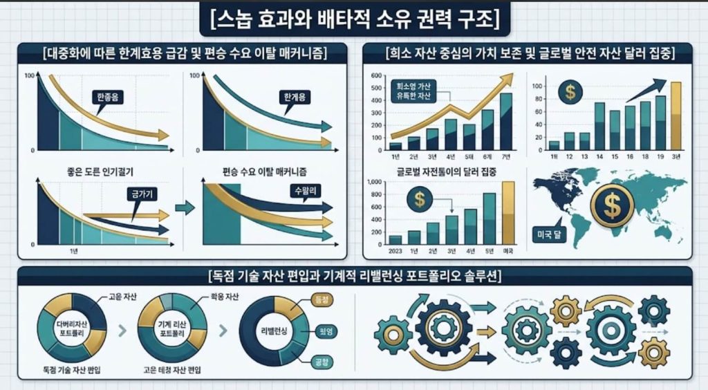 대중화에 따른 수요 이탈 경로와 한정판 자산 가격 보존 단계 및 개인의 포트폴리오 분산 솔루션을  명시한 통합 요약 인포그래픽 구조도