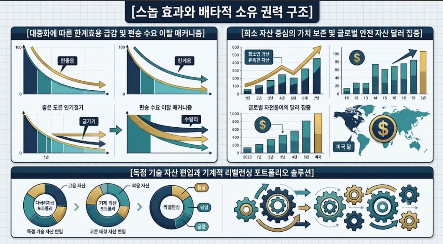 대중화에 따른 수요 이탈 경로와 한정판 자산 가격 보존 단계 및 개인의 포트폴리오 분산 솔루션을 명시한 통합 요약 인포그래픽 구조도