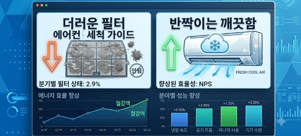 좌측에는 먼지가 가득 쌓인 에어컨 필터, 우측에는 상쾌하고 깨끗한 바람이 부는 청결한 에어컨이 대비를 이루는 인포그래픽 썸네일로, 중앙에 굵고 선명한 고딕체로 "에어컨 청소 가이드"라는 한글 문구가 강조된 그래픽 디자인