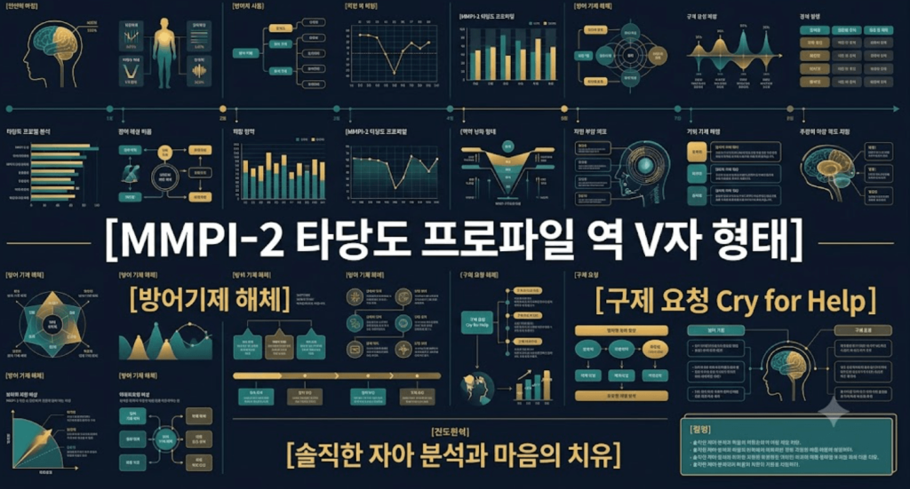 MMPI-2 타당도 프로파일 역 V자 형태의 시스템 구조와 명확한 한글 타이틀이 정교하게 포함된 인포그래픽 이미지