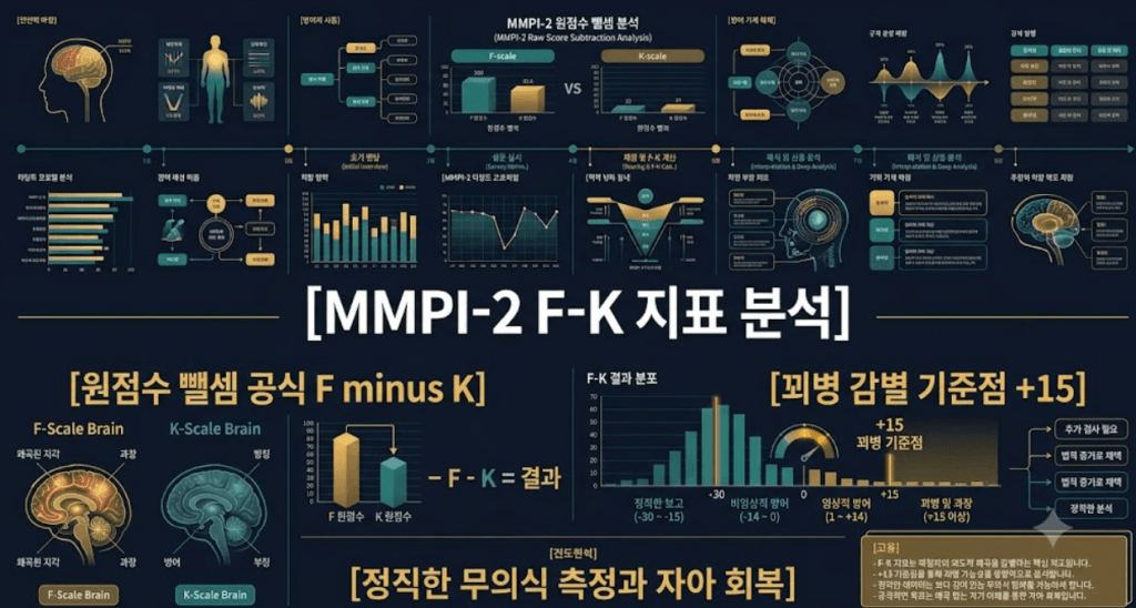 MMPI-2 F-K 지표의 원점수 뺄셈 구조 및 +15점 꾀병 판정 기준을 시각화한 한글 타이틀 포함 테크니컬 인포그래픽 일러스트