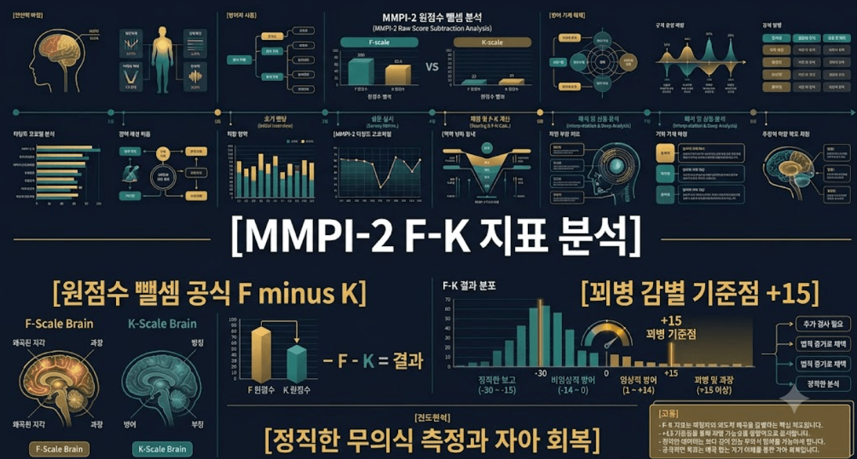 MMPI-2 F-K 지표의 원점수 뺄셈 구조 및 +15점 꾀병 판정 기준을 시각화한 한글 타이틀 포함 테크니컬 인포그래픽 일러스트