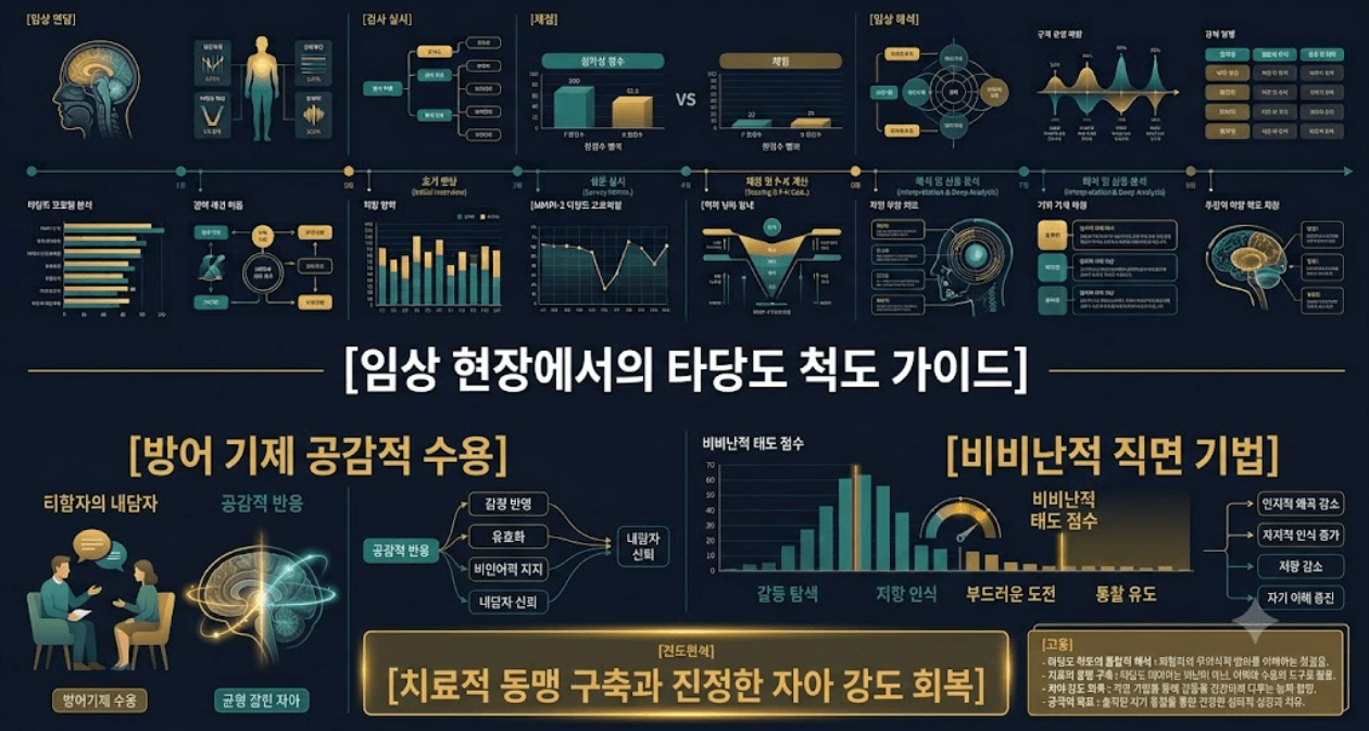 상 현장에서의 타당도 척도 가이드의 핵심 상담 프로세스와 명확한 한글 타이틀이 정교하게 포함된 인포그래픽 이미지