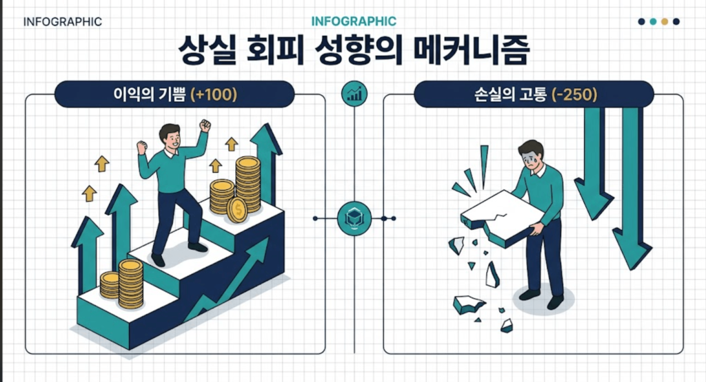 상실 회피의 이익 기쁨과 손실 고통의 심리적 크기 비율(1:2.5) 그래프를 한글로 기재한  인포그래픽 개념 구조도