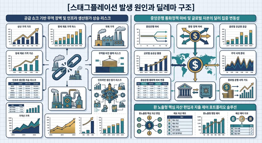 경기 침체와 물가 폭등 무역 구조와 공급망 규제 장벽 및 개인의 자산 분산 솔루션을 한글 타이틀로 명시한 통합 요약 인포그래픽 구조도 Stagflation
