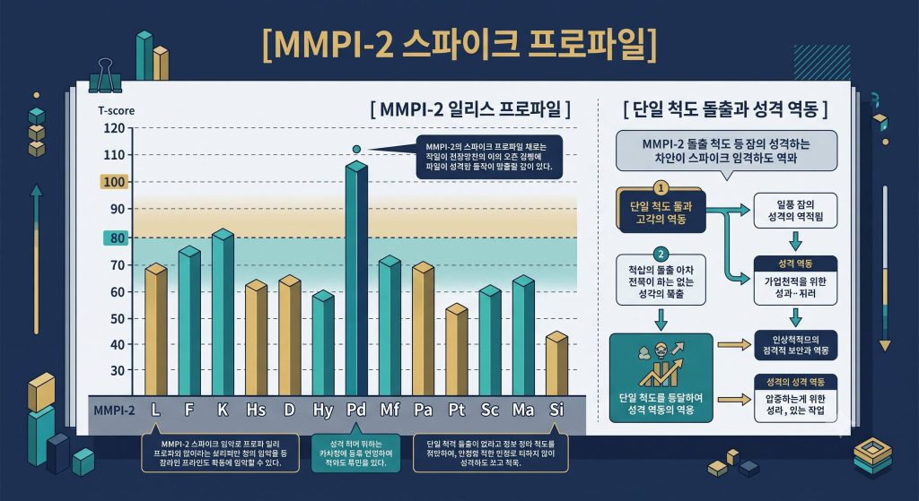 MMPI-2 스파이크 프로파일의 단일 척도 독출 구조와 성격 역동을 시각화한 한글 타이틀 포함 테크니컬 인포그래픽 일러스트
