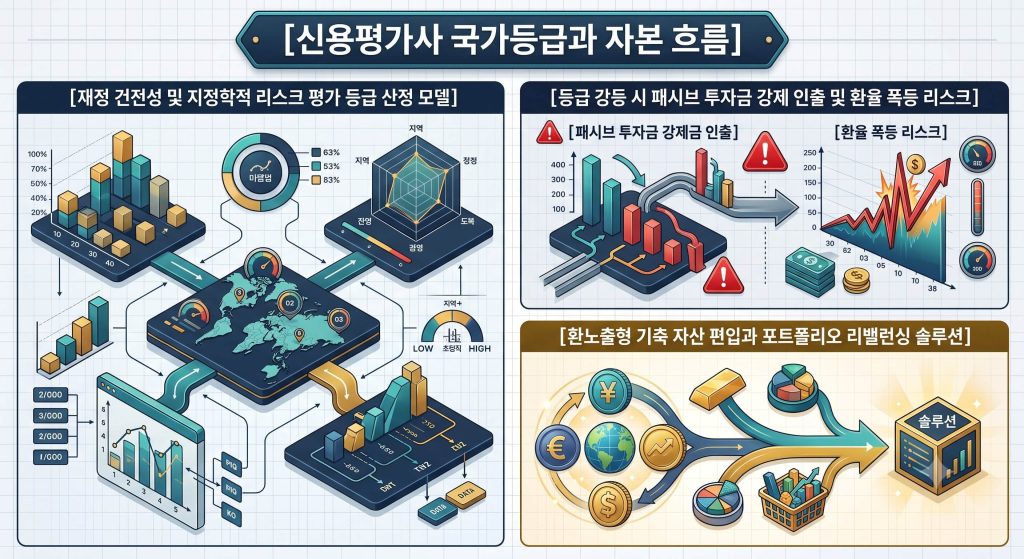 국가신용등급 평가 기준과 자본 이탈의 연쇄 전파 경로 및 개인의 포트폴리오 분산 솔루션을 한글 타이틀로 통합 요약 인포그래픽 구조도