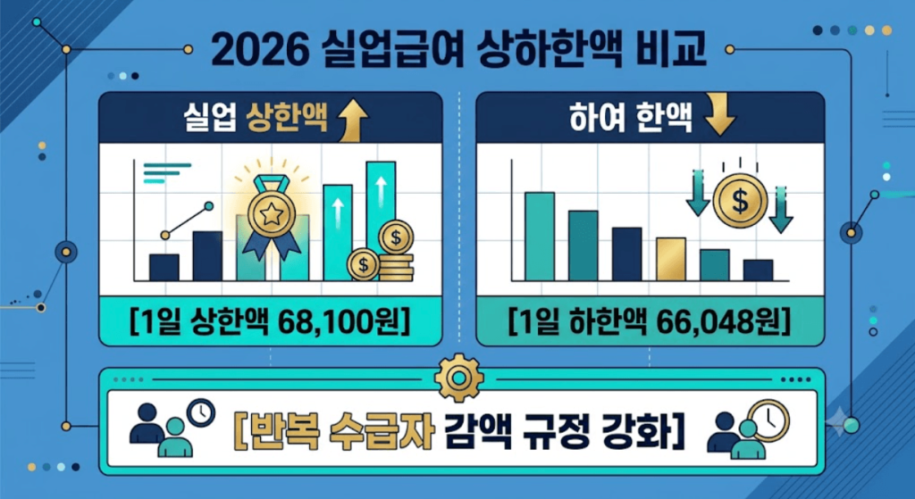 2026년 실업급여 상한액 및 하한액 수치와 반복 수급 가이드라인을 한글 타이틀과 매칭하여 시각화한 구조적 인포그래픽 구조도