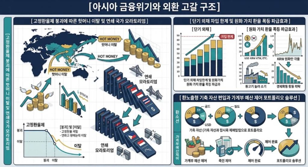 아시아 외환위기 전염 경로와 실물 경제 붕괴 단계 및 개인의 포트폴리오 분산 솔루션을 한글 타이틀로 명시한 통합 요약 인포그래픽 구조도