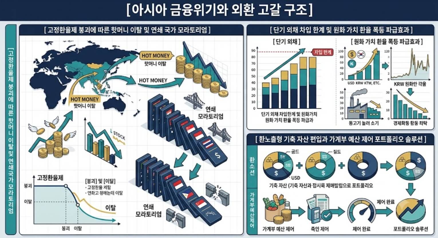 아시아 외환위기 전염 경로와 실물 경제 붕괴 단계 및 개인의 포트폴리오 분산 솔루션을 한글 타이틀로 명시한 통합 요약 인포그래픽 구조도
