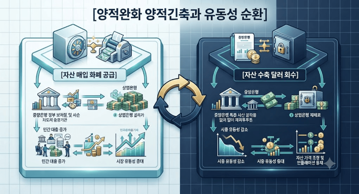 양적완화와 양적긴축의 화폐 공급 경로와 시중 유동성 회수 단계를 한글 타이틀로 명시한 인포그래픽 구조도