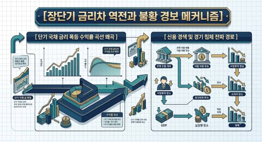 장단기 금리차 역전 경로와 실물 경제 침체 유발 단계를 한글 타이틀로 명시한  인포그래픽 구조도