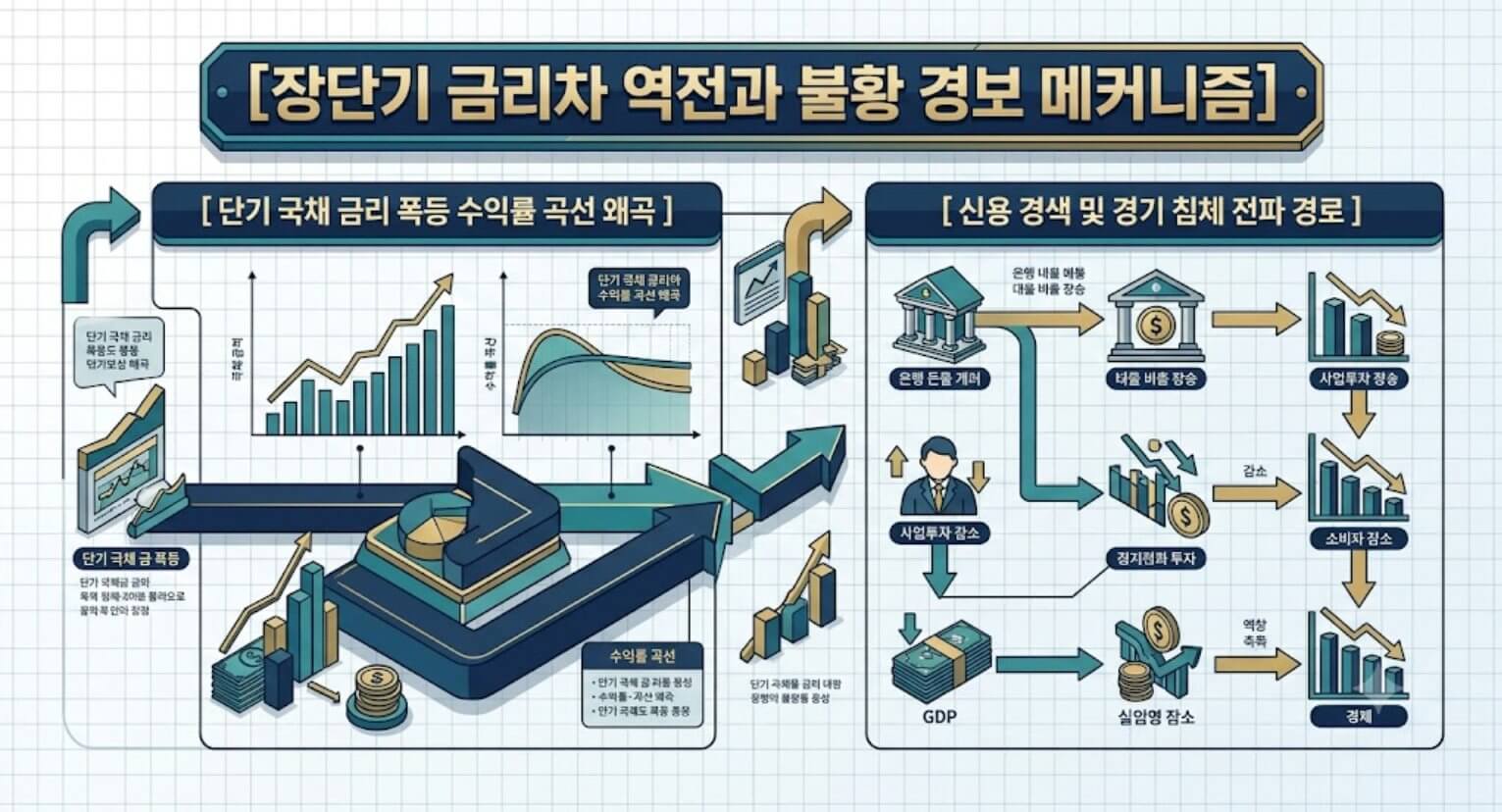 장단기 금리차 역전 경로와 실물 경제 침체 유발 단계를 한글 타이틀로 명시한 인포그래픽 구조도
