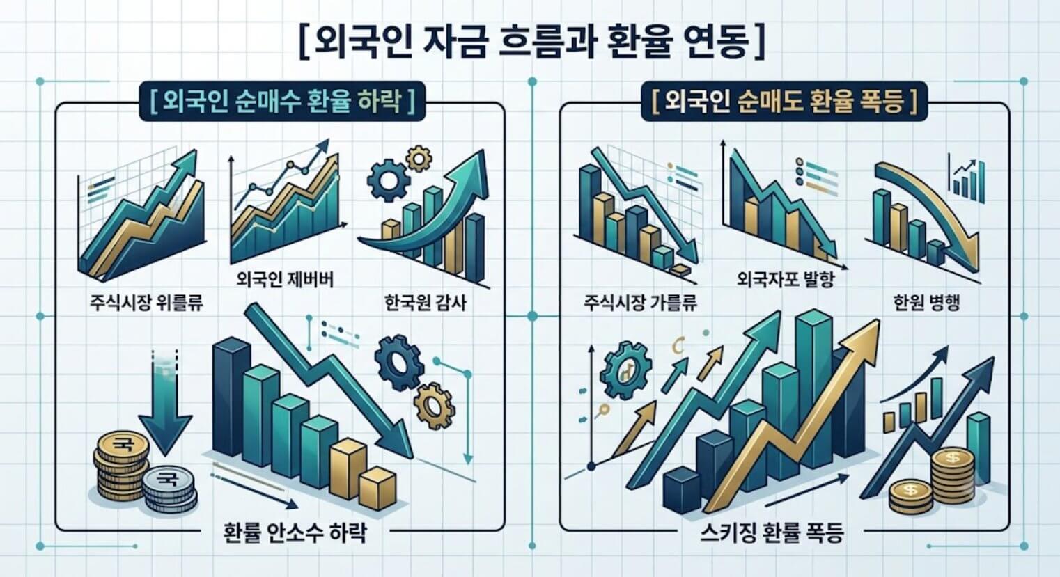 외국인 투자자 자금 흐름과 순매수/순매도에 따른 환율 변동 경로를 한글 타이틀로 명시한 인포그래픽 구조도