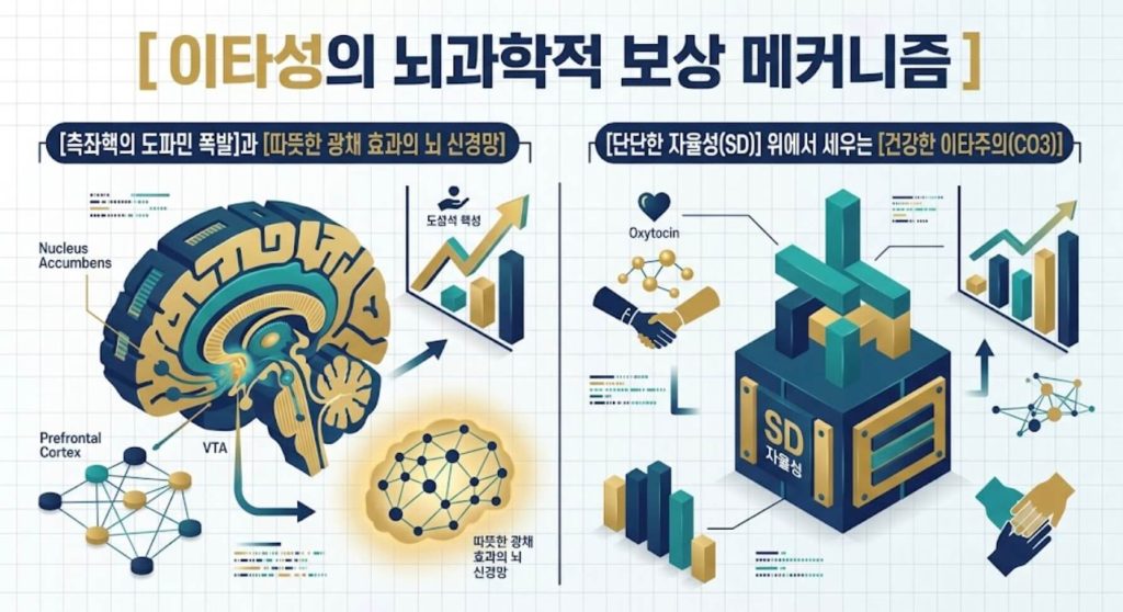 이타성 높은 사람의 뇌 보상 회로를 설명하기 위해 측좌핵의 도파민 활성화와 자율성 기반의 건강한 이타주의 메커니즘을 요약한 국문 타이틀 포함 3D 테크니컬 인포그래픽 이미지