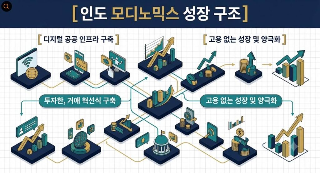 인도 모디노믹스의 성장 구조와 디지털 공공 인프라 및 양극화 리스크를 한글 타이틀로 명시한 인포그래픽 구조도