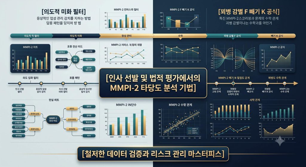 인사 선발 및 법적 평가에서의 MMPI-2 타당도 분석 기법의 핵심 필터링 구조와 명확한 한글 타이틀이 정교하게 포함된 인포그래픽 이미지