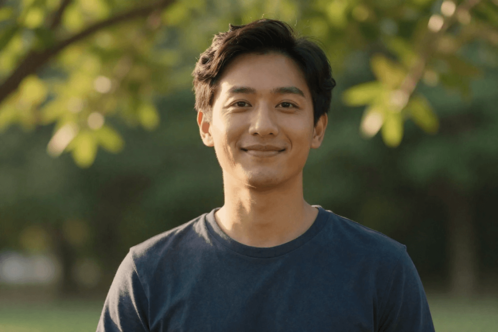 따스한 여름 햇살이 비치는 푸른 나무 아래서 편안하고 자신감 넘치는 눈빛으로 미소를 지으며 서 있는 사람의 당당한 실사 인물 사진 자존감