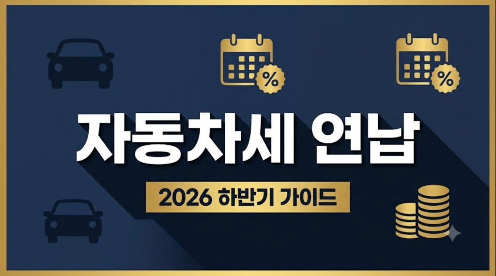 네이비와 골드 배경 중심에 굵은 고딕체로 "자동차세 연납"과 "2026 하반기 가이드"라는 한글 문구가 정밀하게 박힌 세련된 인포그래픽형 블로그 대표 썸네일 이미지